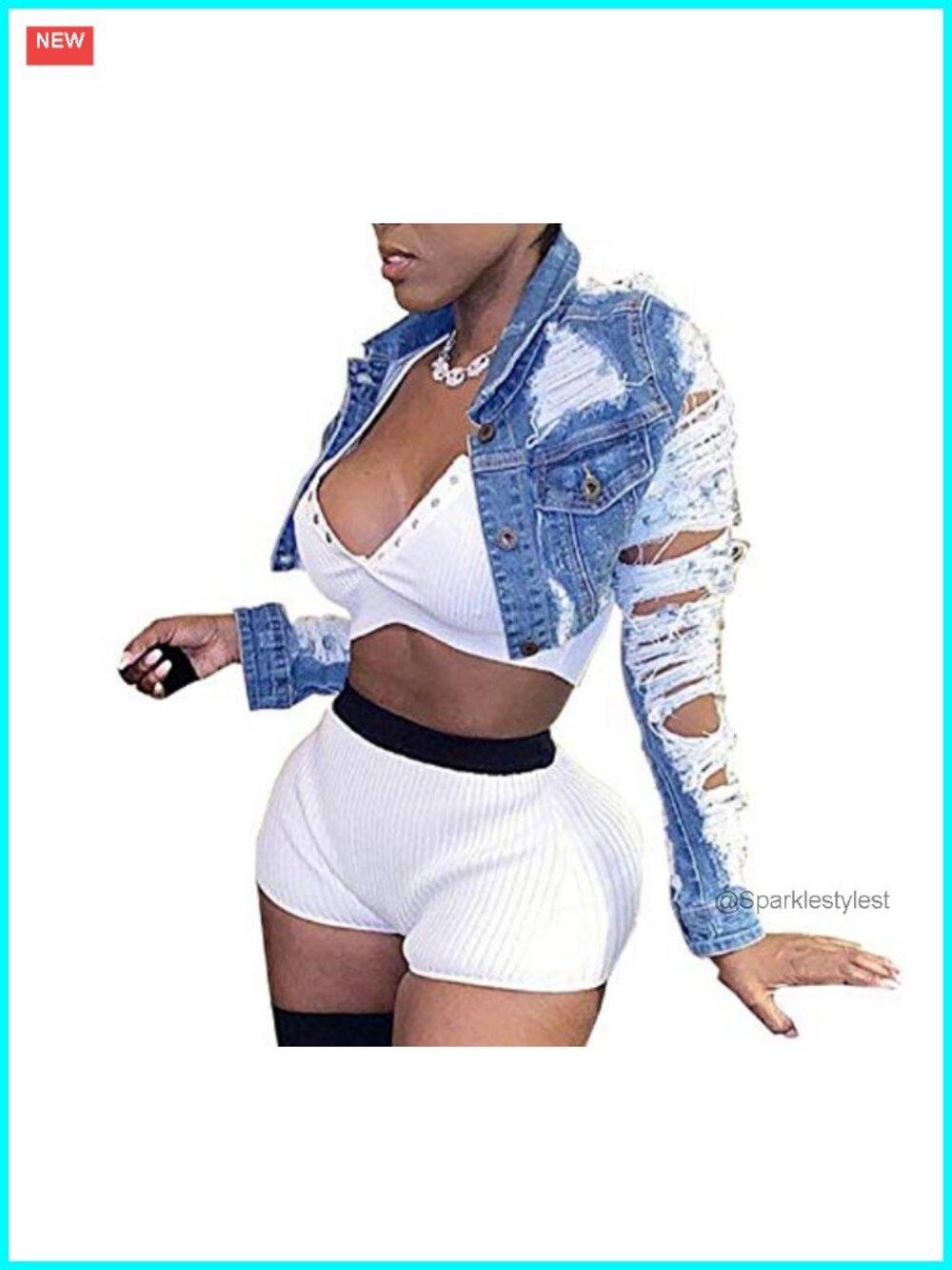 Cropped Denim Jean Jacket Ripped Long Sleeve Button Down